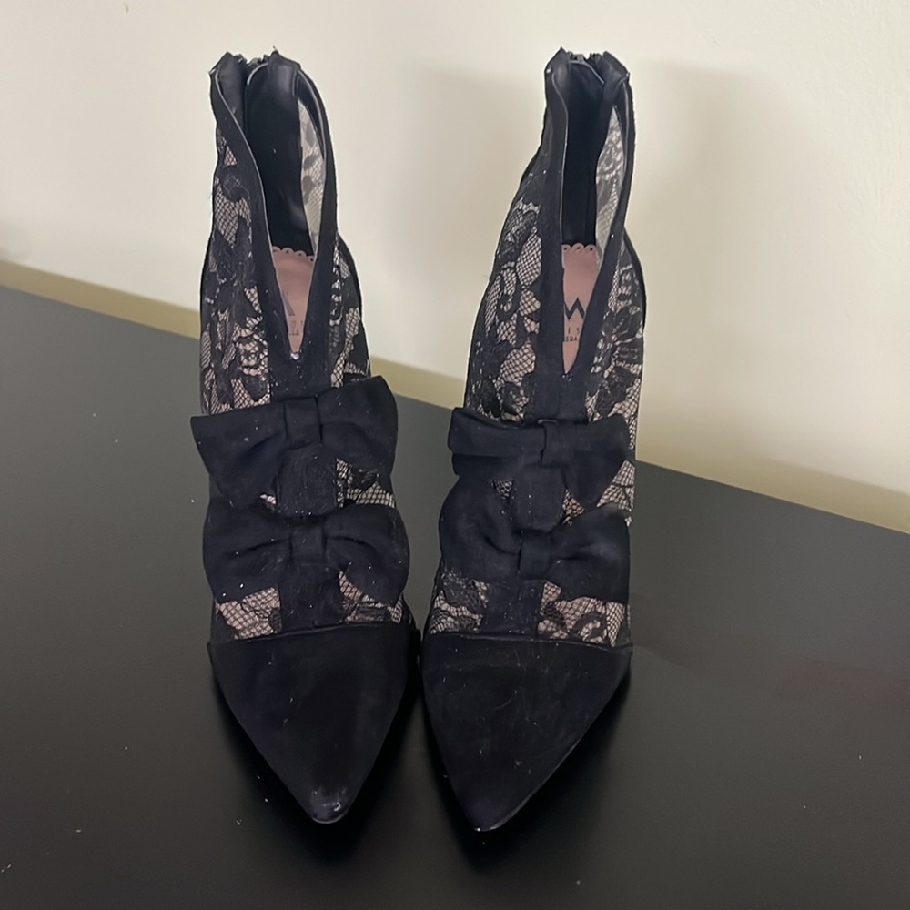 Madison by Shoedazzle Alanna high heel black suede lace booties back zip - Picture 8 of 11